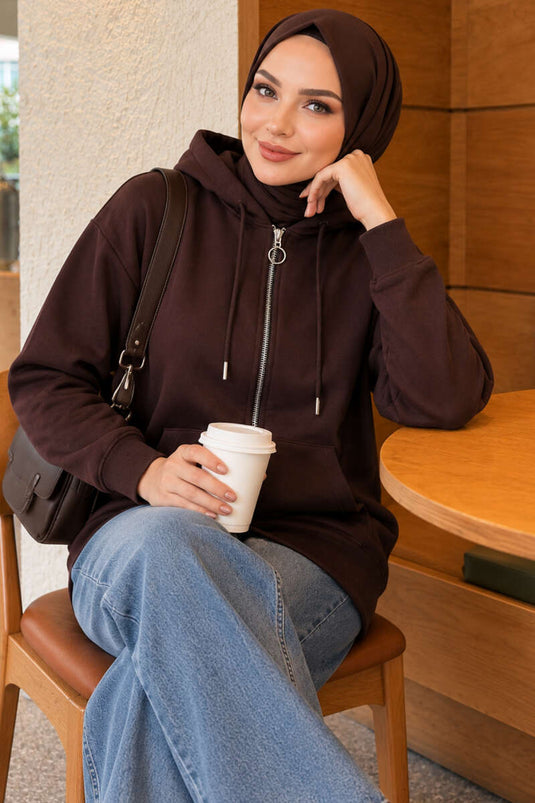 Gilet À Capuche Zippé Avec Poches Kangourou En Café