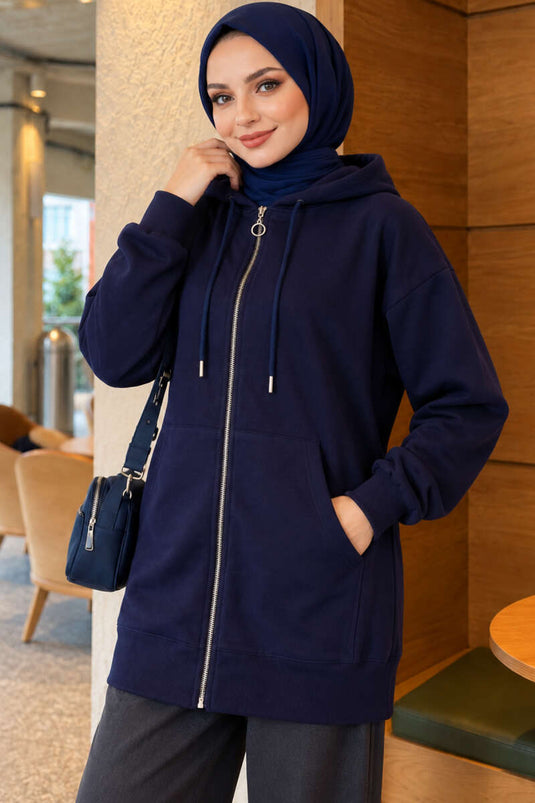 Sudadera Con Capucha Azul Marino Con Bolsillos Tipo Canguro