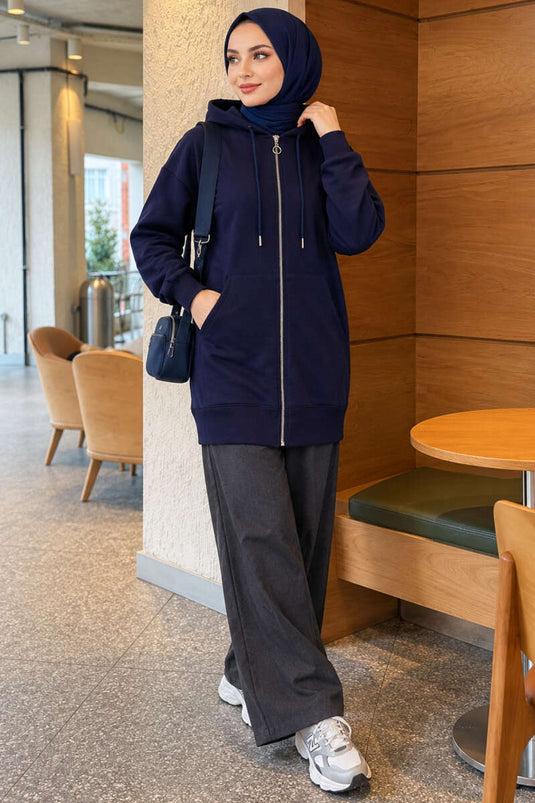 Gilet À Capuche Zippé Marine À Poches Kangourou