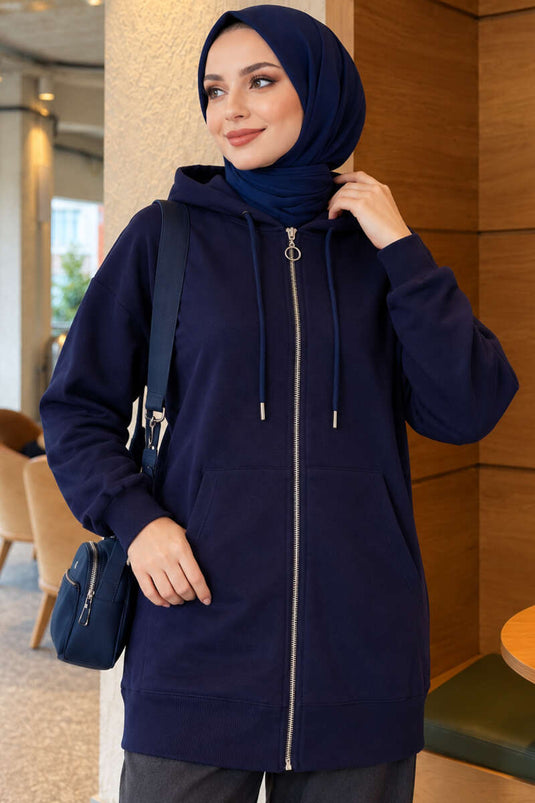 Gilet À Capuche Zippé Marine À Poches Kangourou