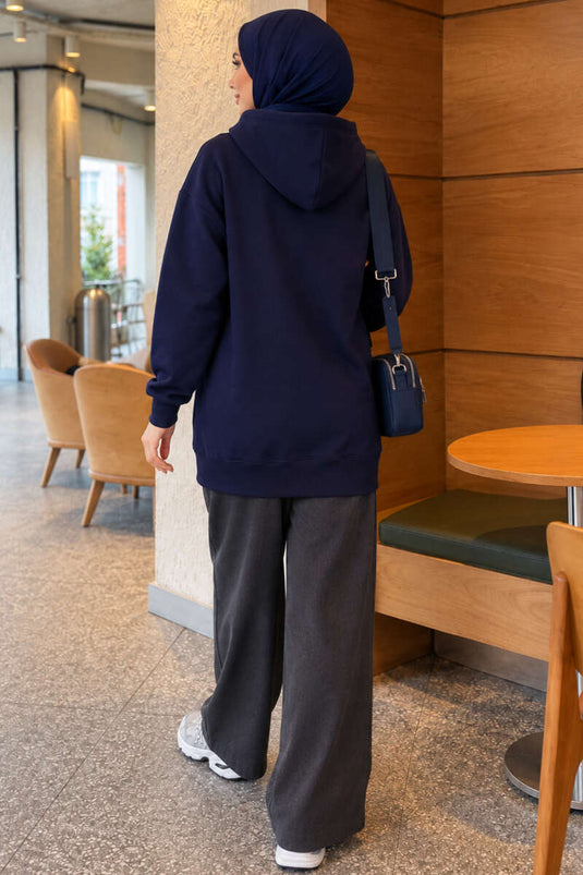 Sudadera Con Capucha Azul Marino Con Bolsillos Tipo Canguro