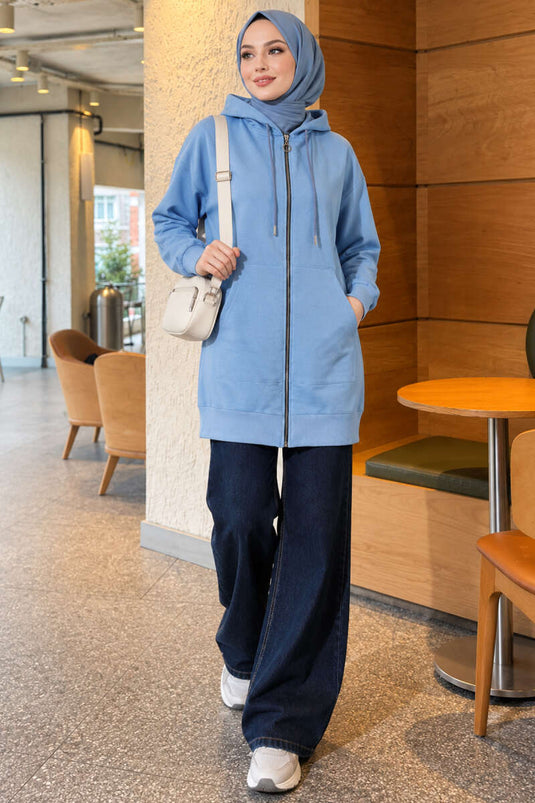 Gilet À Capuche Zippé Avec Poches Kangourou En Bleu