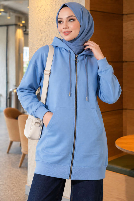 Gilet À Capuche Zippé Avec Poches Kangourou En Bleu
