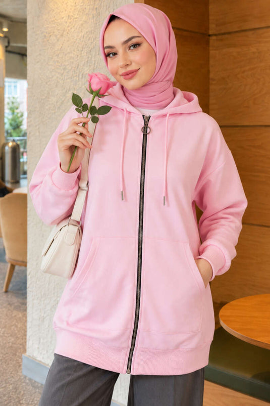 Sudadera Con Cremallera Y Bolsillos Tipo Canguro En Rosa