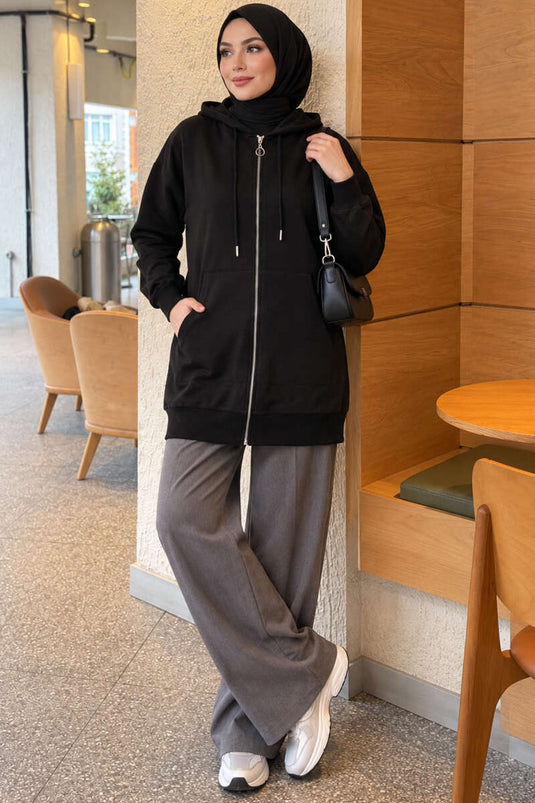 Gilet À Capuche Zippé Avec Poches Kangourou Noir