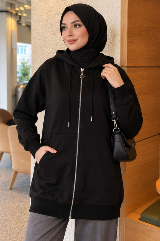 Gilet À Capuche Zippé Avec Poches Kangourou Noir