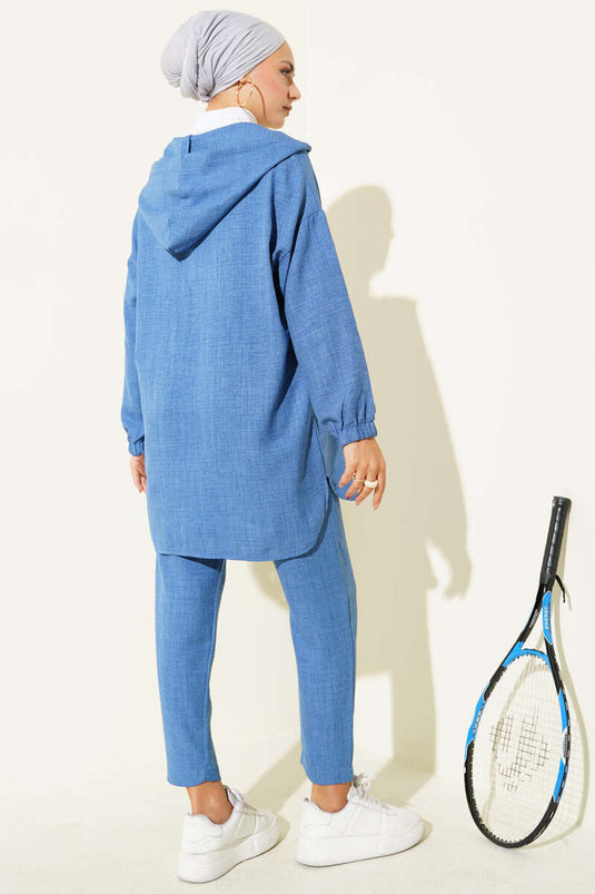 Zipped Hooded Basic Two-Piece Set Indigo