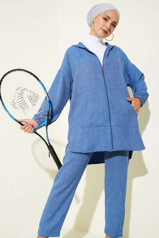 Zippered Hooded Basic Two-Piece Set Indigo