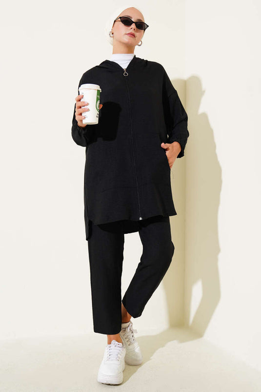 Fermuarlı Kapüşonlu Basic İkili Takım Siyah
