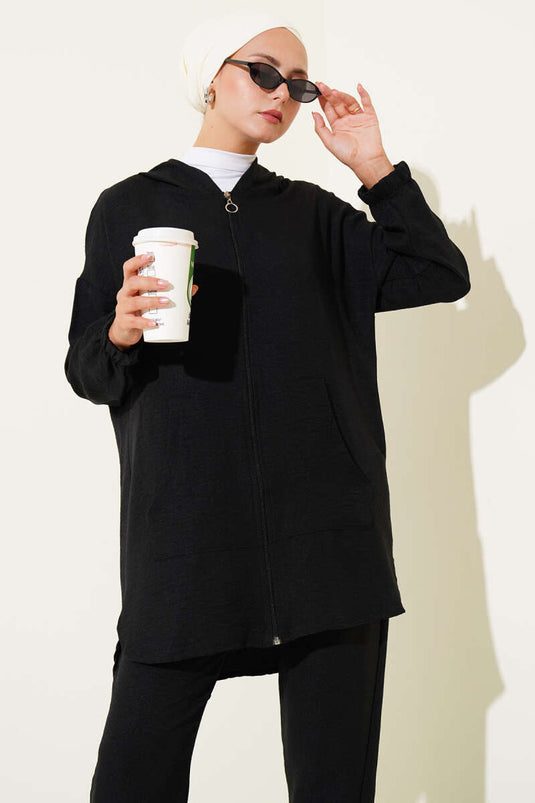 Fermuarlı Kapüşonlu Basic İkili Takım Siyah