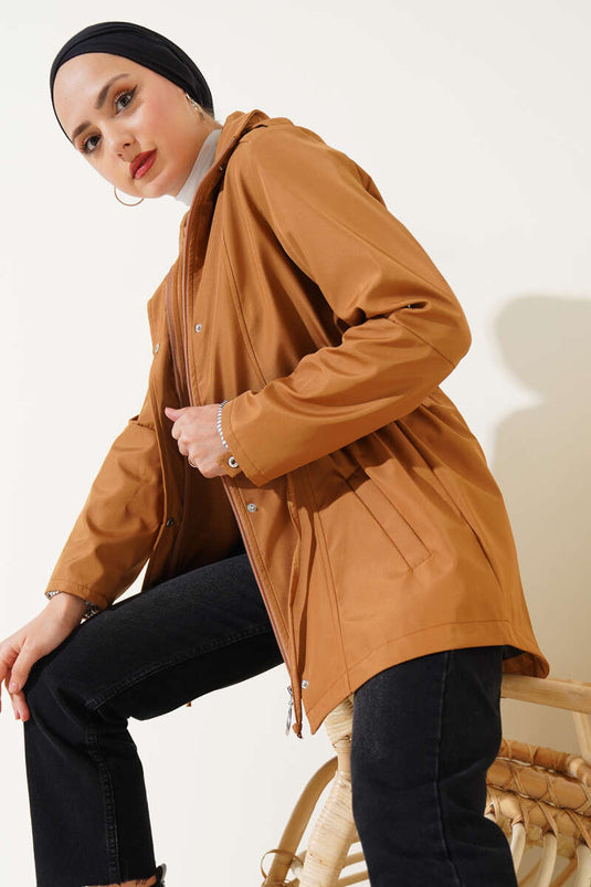 Zippered Hooded Waist Elastic Trench Coat Tan