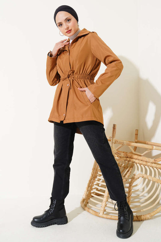 Zippered Hooded Waist Elastic Trench Coat Tan