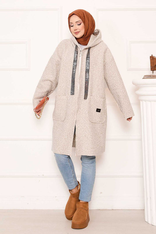 Beige Zippered Hooded Buklet Coat