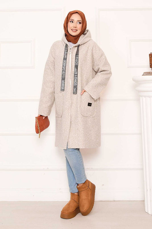 Beige Zippered Hooded Buklet Coat
