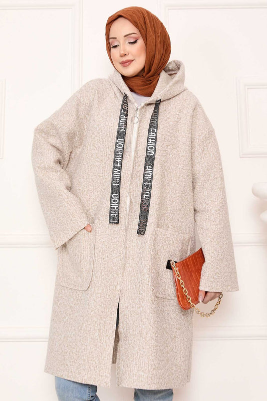 Beige Zippered Hooded Buklet Coat