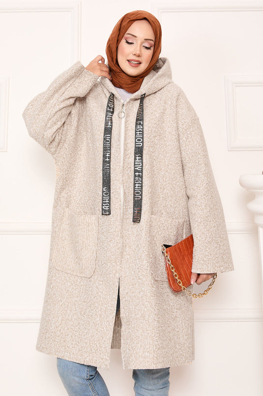 Beige Zippered Hooded Buklet Coat