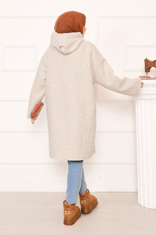Beige Zippered Hooded Buklet Coat