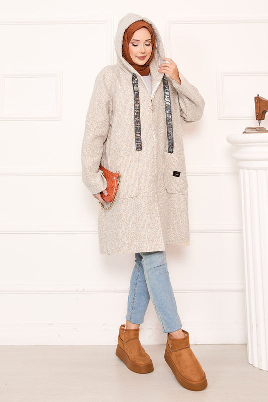 Beige Zippered Hooded Buklet Coat