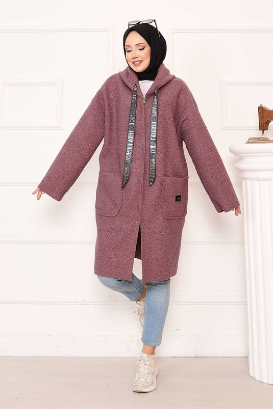 Mantella in bouclé con cappuccio e cerniera, rosa antico