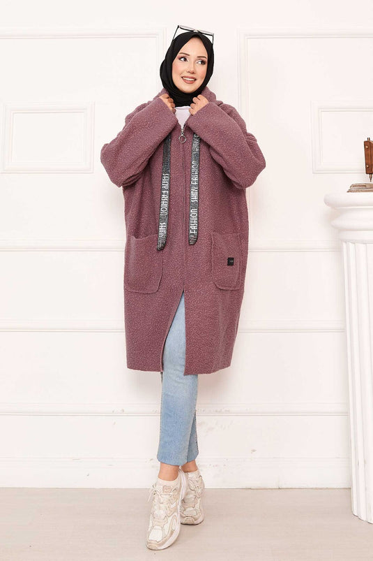 Bouclé-Cape mit Reißverschluss und Kapuze, Altrosa