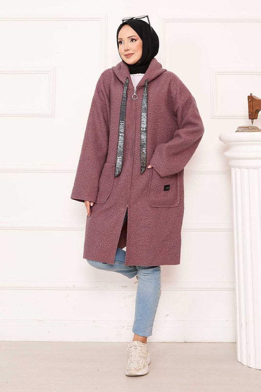 Mantella in bouclé con cappuccio e cerniera, rosa antico