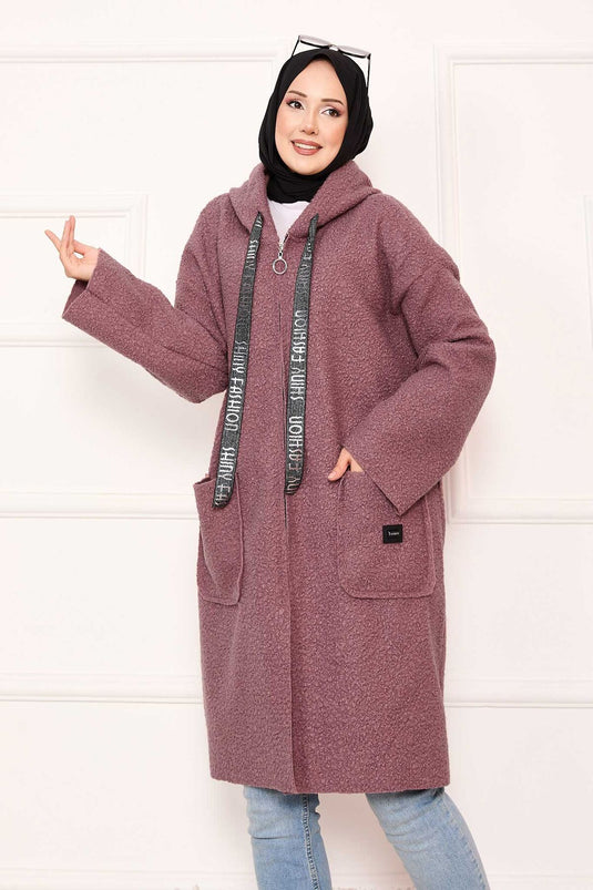 Bouclé-Cape mit Reißverschluss und Kapuze, Altrosa
