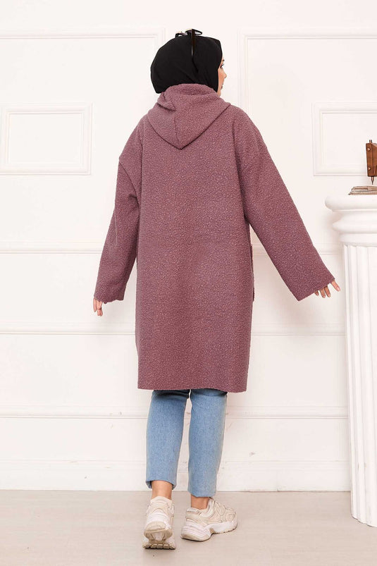 Mantella in bouclé con cappuccio e cerniera, rosa antico