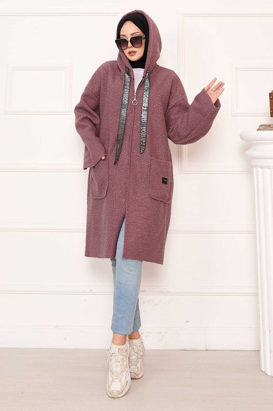 Mantella in bouclé con cappuccio e cerniera, rosa antico