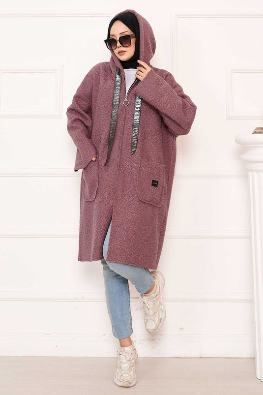 Mantella in bouclé con cappuccio e cerniera, rosa antico