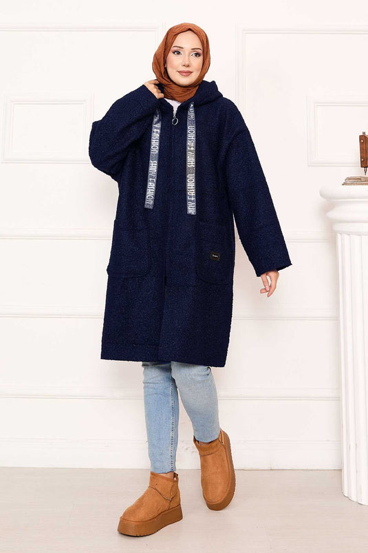 Manteau en boucle à capuche zippé bleu marine