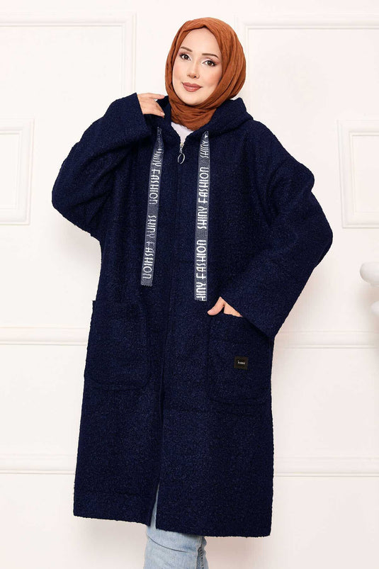 Manteau en boucle à capuche zippé bleu marine