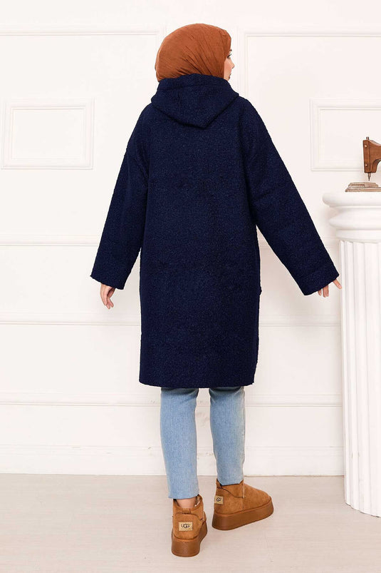 Manteau en boucle à capuche zippé bleu marine