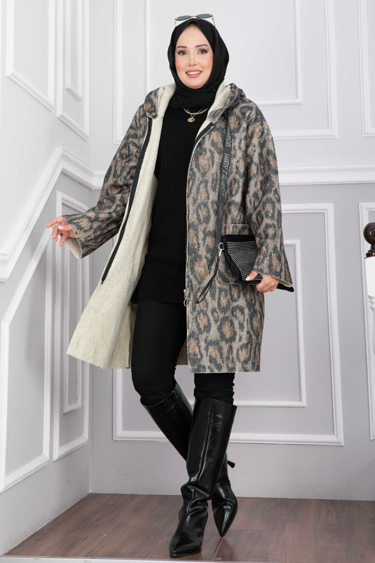 Cappotto Buklet Con Zip E Cappuccio Leopardato