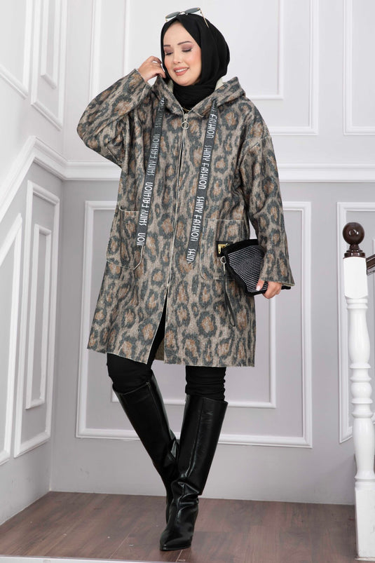 Cappotto Buklet Con Zip E Cappuccio Leopardato