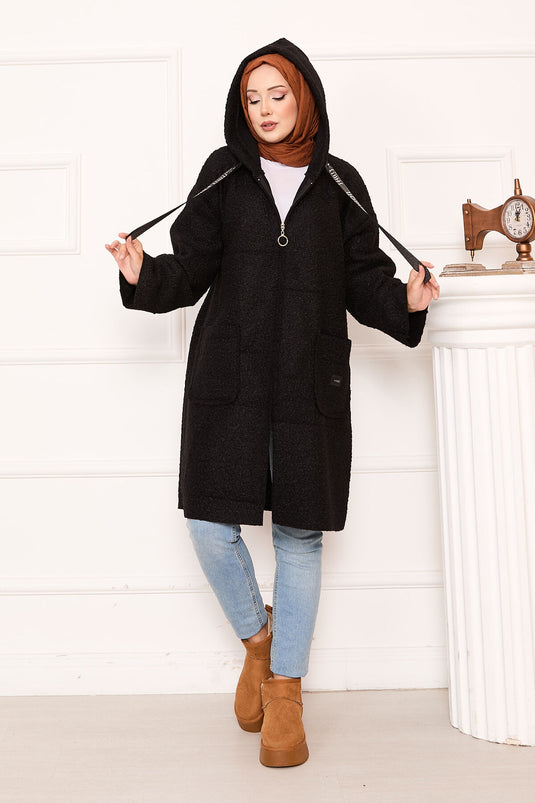 Cappotto Buklet Con Cappuccio E Chiusura A Zip Nero