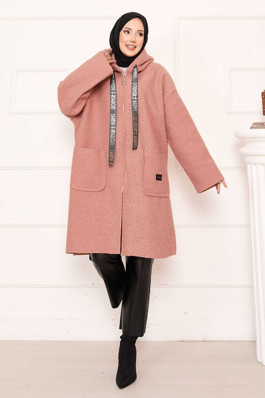 Zippered Hooded Boucle Coat Salmon
