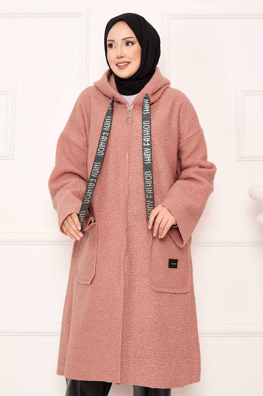 Zippered Hooded Boucle Coat Salmon