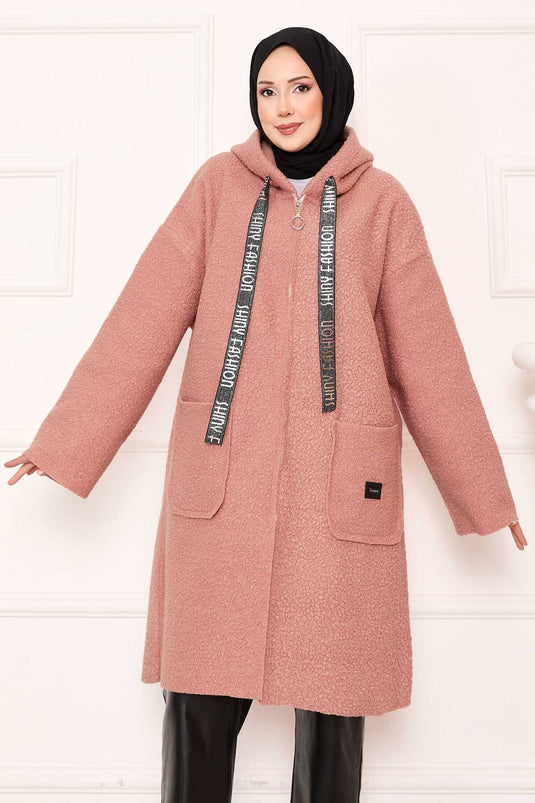 Zippered Hooded Boucle Coat Salmon