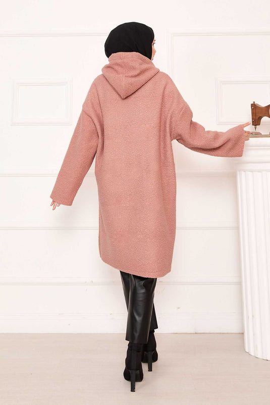 Zippered Hooded Boucle Coat Salmon
