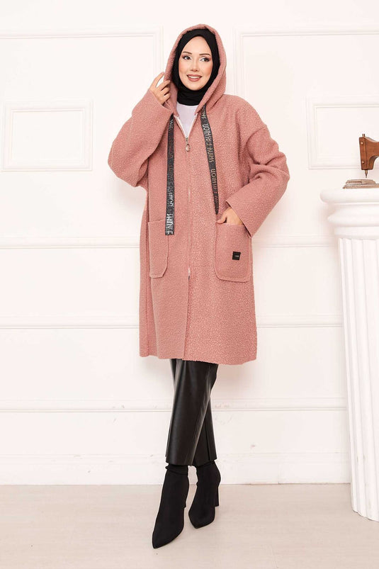 Zippered Hooded Boucle Coat Salmon
