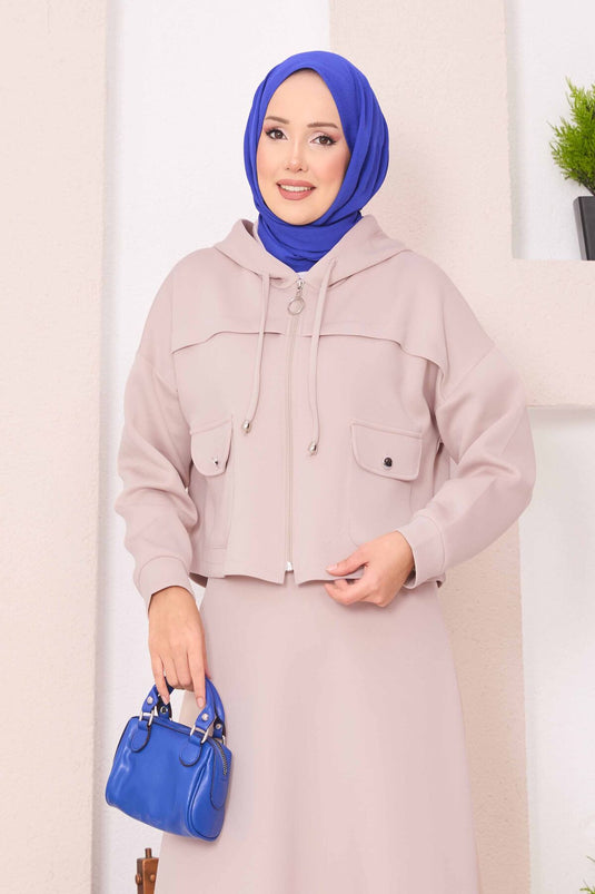 Ensemble hijab beige avec jupe courte à capuche zippée