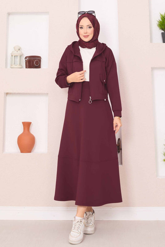 Ensemble hijab avec jupe courte à capuche zippée bordeaux