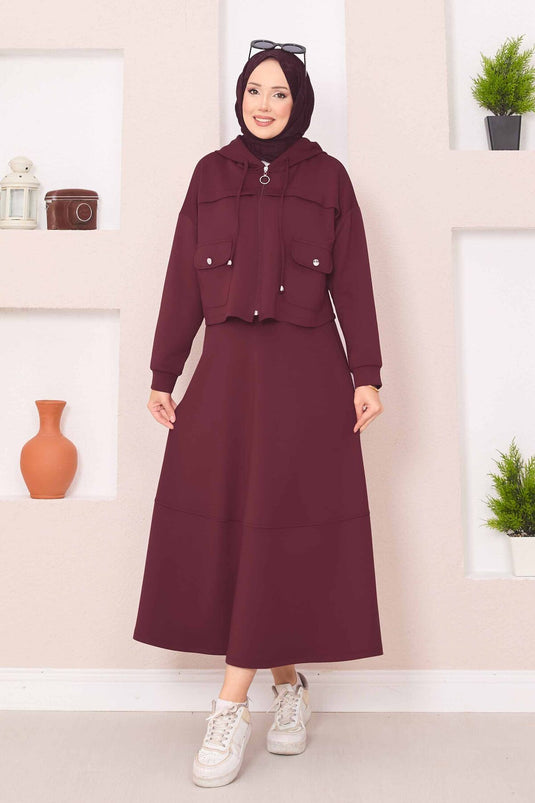 Zippered Hooded Crop Skirt Hijab Suit Burgundy