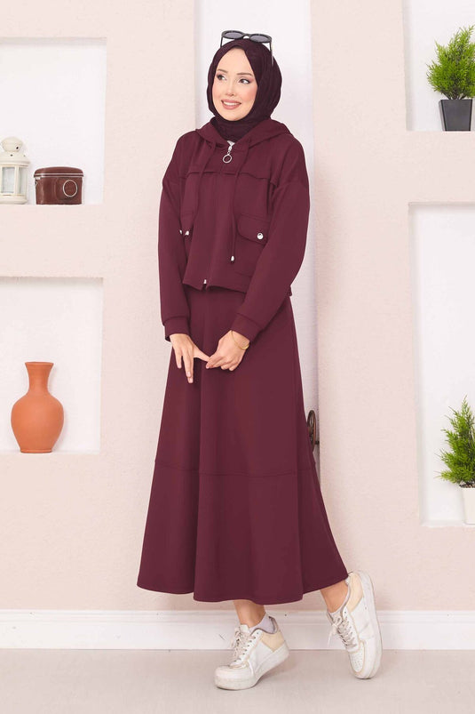 Zippered Hooded Crop Skirt Hijab Suit Burgundy