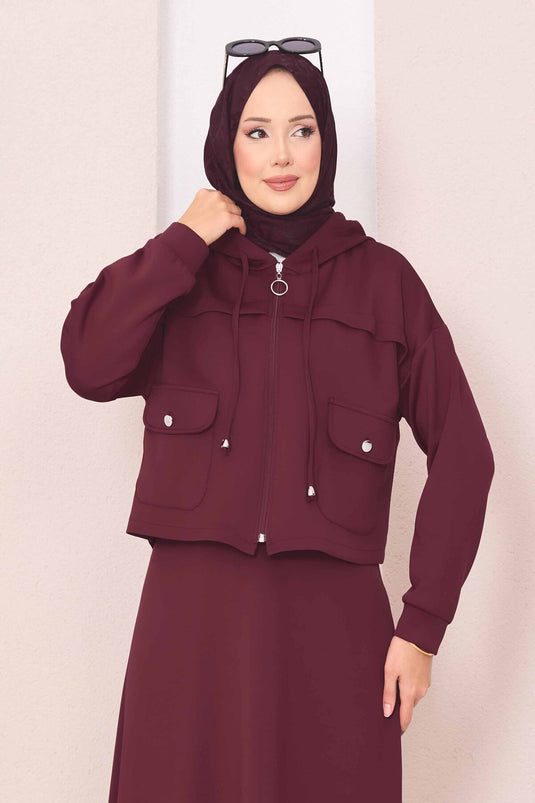 Zippered Hooded Crop Skirt Hijab Suit Burgundy