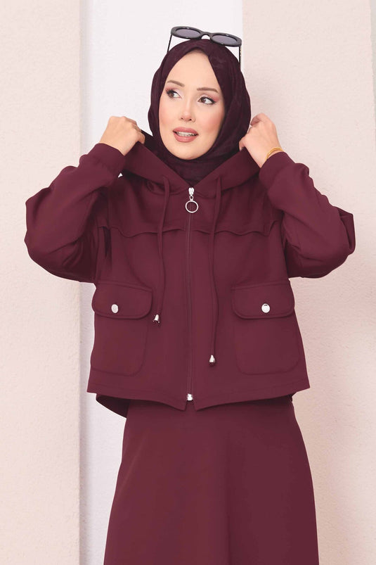 Ensemble hijab avec jupe courte à capuche zippée bordeaux