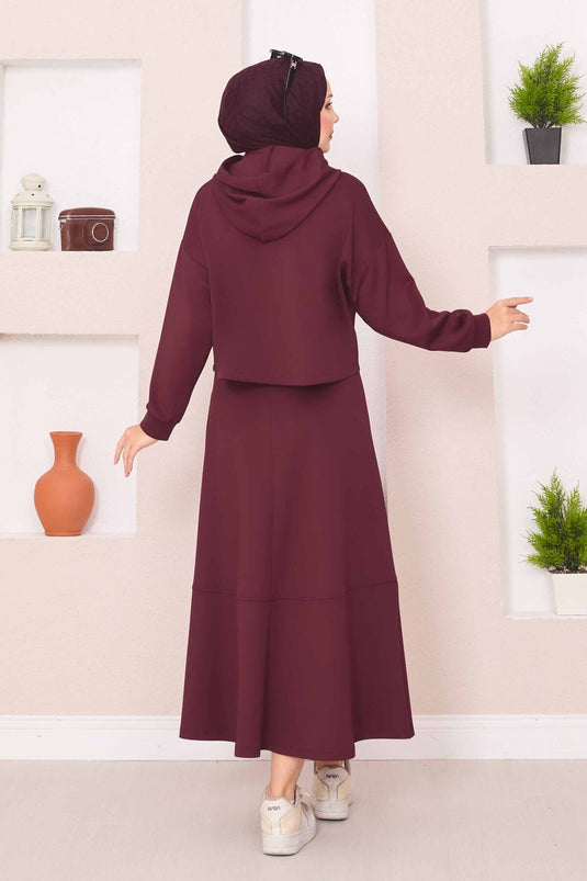 Zippered Hooded Crop Skirt Hijab Suit Burgundy