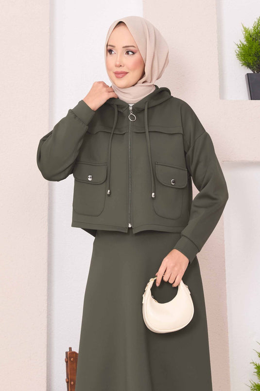 Ensemble jupe courte à capuche zippée et hijab kaki