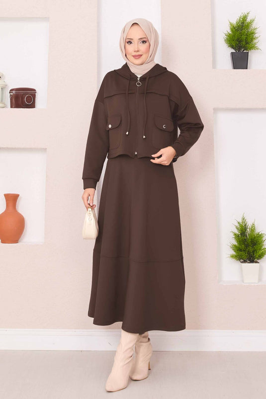 Ensemble hijab marron avec jupe courte à capuche zippée