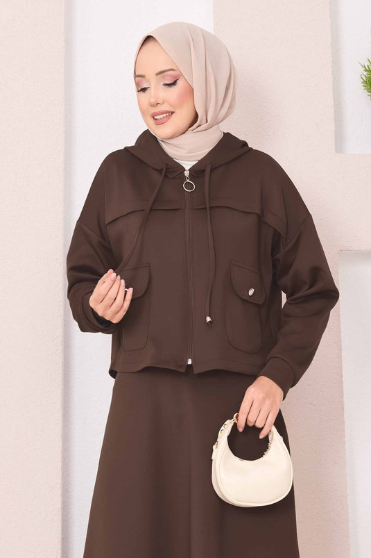 Ensemble hijab marron avec jupe courte à capuche zippée